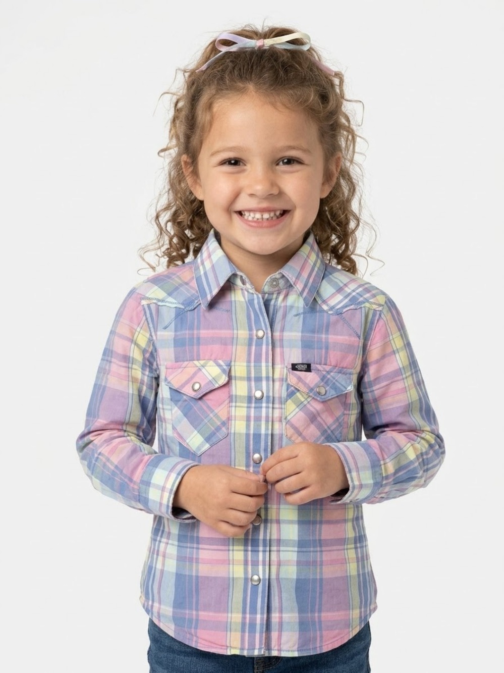 Cruel Girl Girls XS 4/5 Western Pearl Snap Plaid Shirt Pastel Pink Blue Cowgirl
